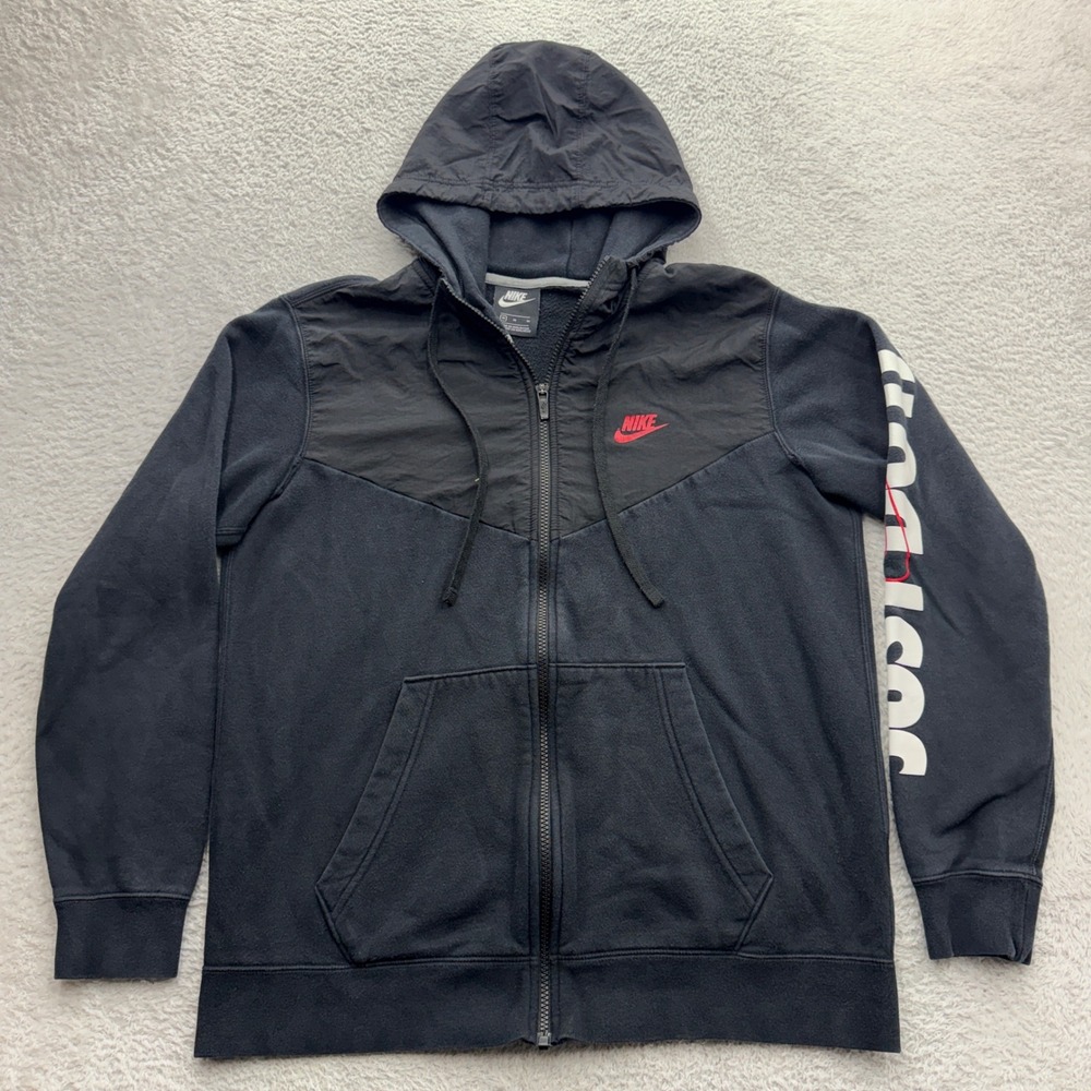 Nike Mens Just Do It Full Zip Hoodie Black Nylon Overlay Sweatshirt Medium